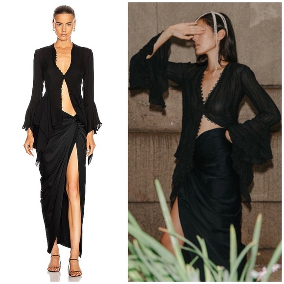 KHAITE Louie Gathered Satin Sarong Midi Skirt Black MSRP $820 Womens 4 - Picture 5 of 16